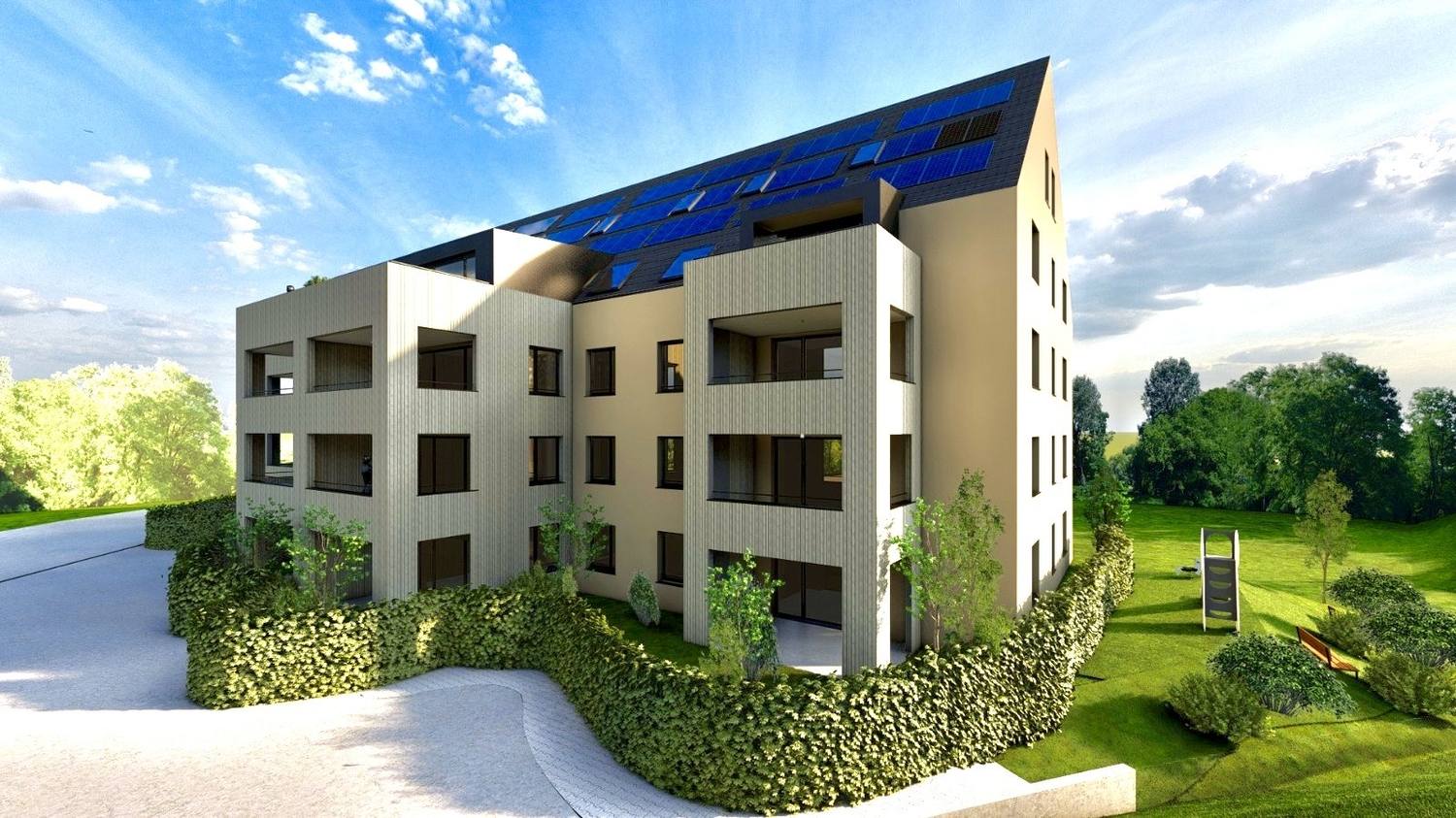 Visualisierung des Neubaus Hasli mit Photovoltaik-Dach und Loggien